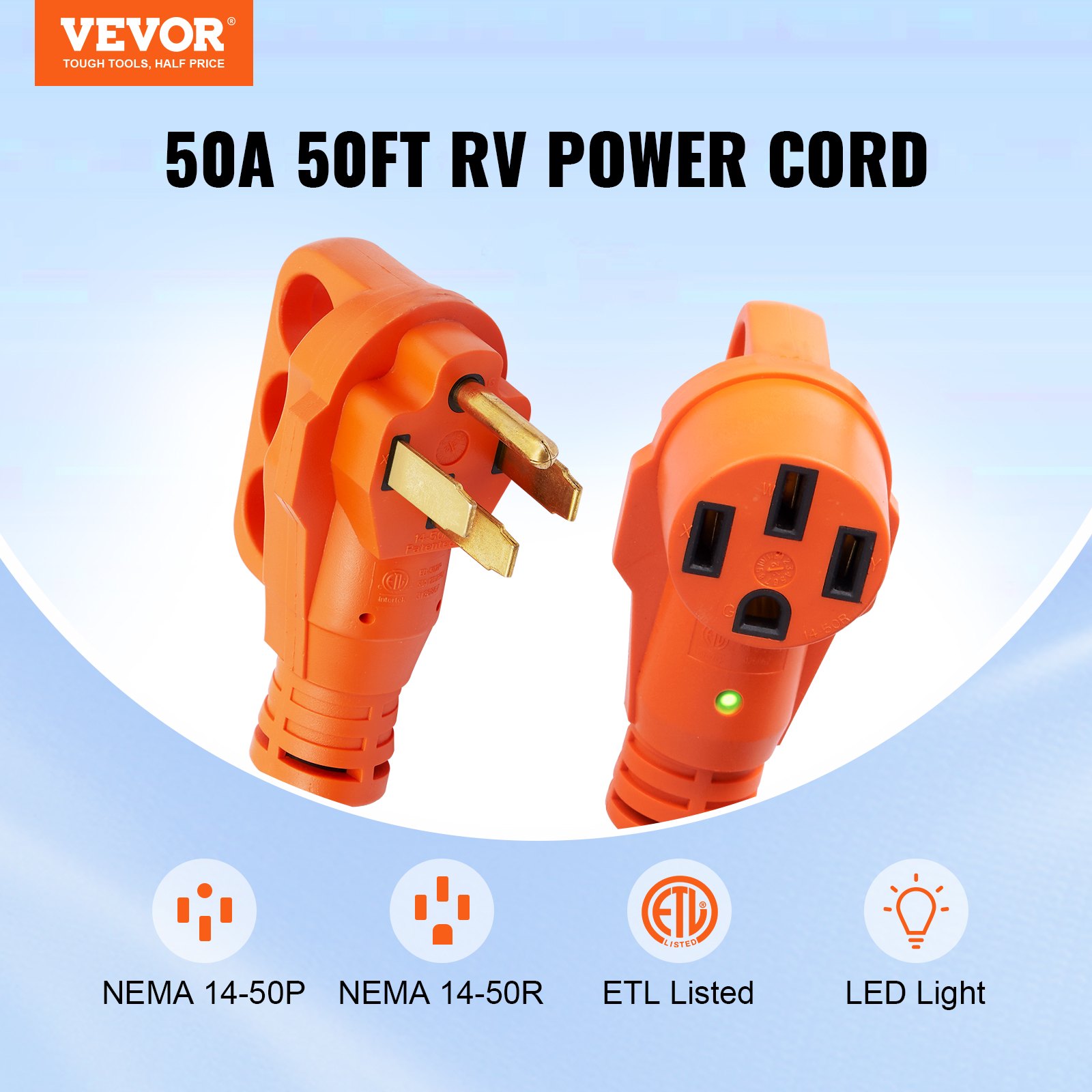 VEVOR 50ft RV Cable de extensión Cable de alimentación 50Amp NEMA 14-50R/NEMA 14-50P ETL listado