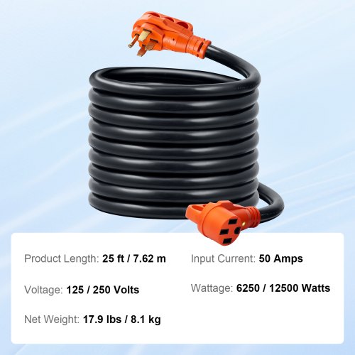 VEVOR 25ft RV Cable de extensión Cable de alimentación 50Amp NEMA 14-50R/NEMA 14-50P ETL listado
