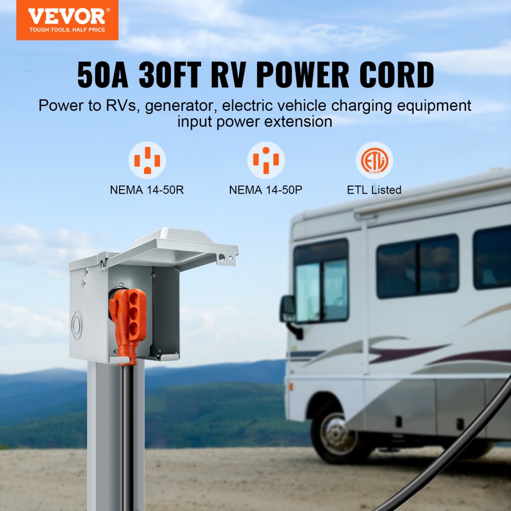 cable de alimentación VEVOR 50a 30ft para rv frente a un rv con etiquetas nema.