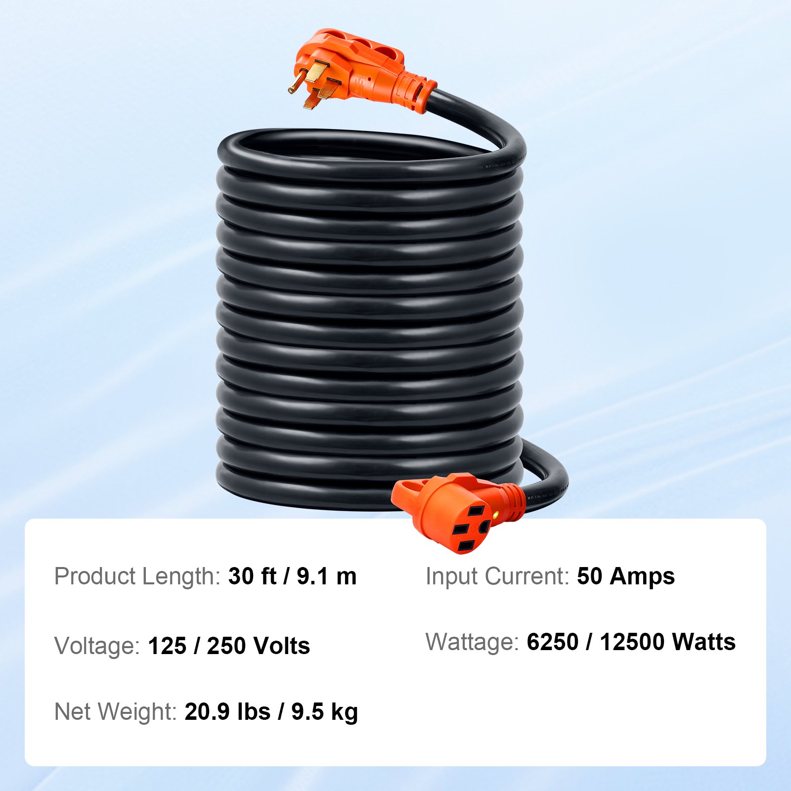 Cable de extensión para vehículos recreativos VEVOR, 30 pies, 50 amperios, 125/250 voltios, negro con enchufes naranjas, enrollado.
