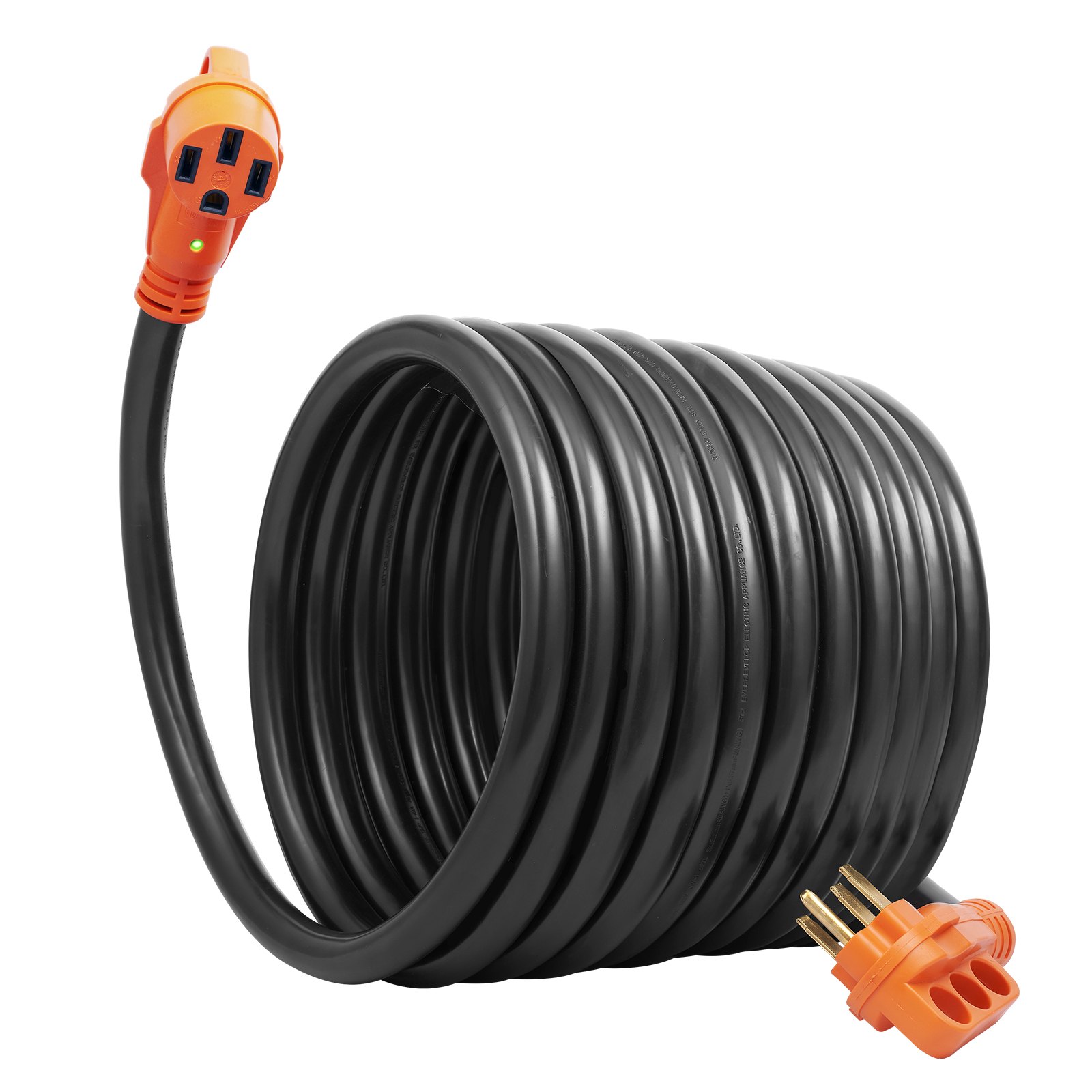 Cable de extensión VEVOR RV enrollado, negro con conectores naranjas, con enchufe de múltiples clavijas.