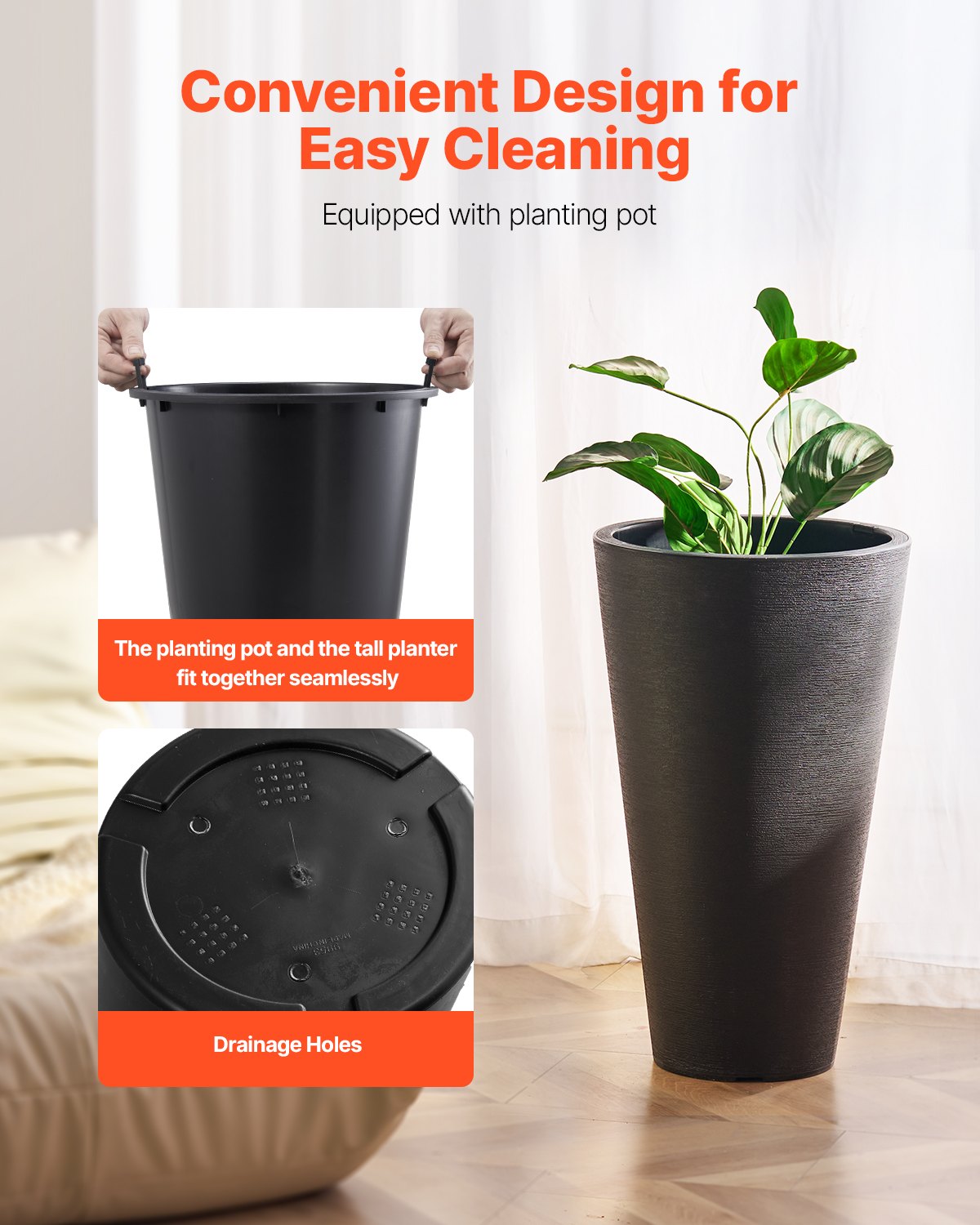 VEVOR - Juego de 2 maceteros altos para plantas de interior y exterior, de 61 cm, color negro, redondos y grandes, para porche y patio, con diseño moderno y drenaje integrado.