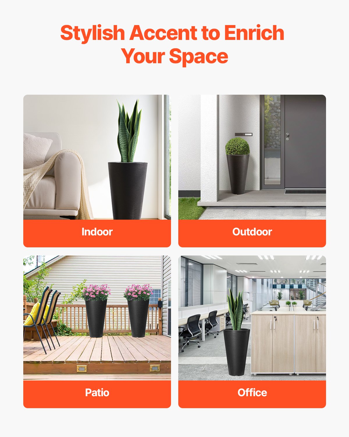 VEVOR - Juego de 2 maceteros altos para plantas de interior y exterior, de 61 cm, color negro, redondos y grandes, para porche y patio, con diseño moderno y drenaje integrado.