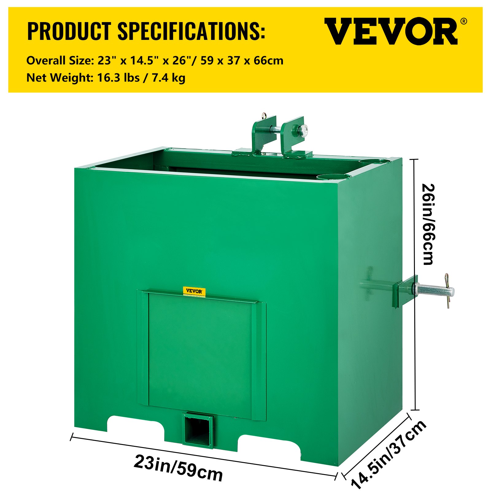 Caja de lastre de 3 puntos VEVOR, color verde con dimensiones 23&quot;x14.5&quot;x26&quot;, 16.3 lbs.