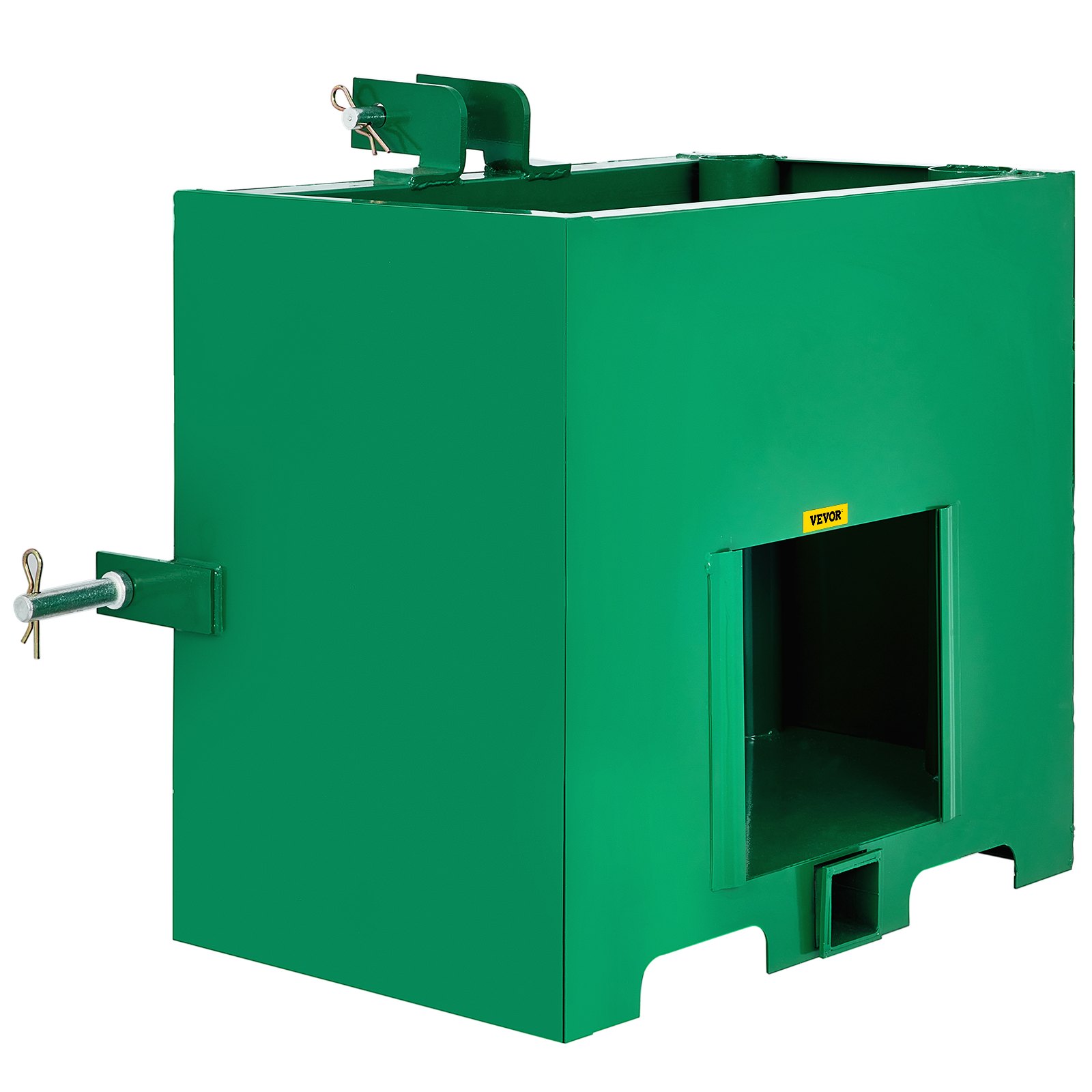 Caja de lastre de 3 puntos VEVOR verde para enganche de tractor, que muestra enganche y pasador.
