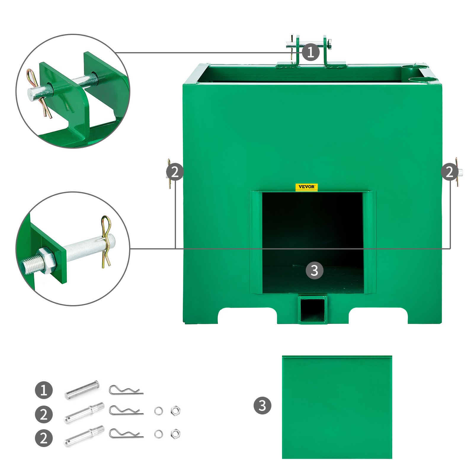 Caja de lastre de 3 puntos VEVOR verde con detalles de pasadores, pernos y componentes de enganche.