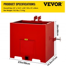 VEVOR Caja de lastre de 3 puntos, caja de lastre de enganche de capacidad de 800 lb, receptor de enganche estándar de 2 pulgadas, caja de lastre de tractor con volumen de 5 pies cúbicos, acero resistente, se adapta a accesorios de tractor de categoría 1, rojo