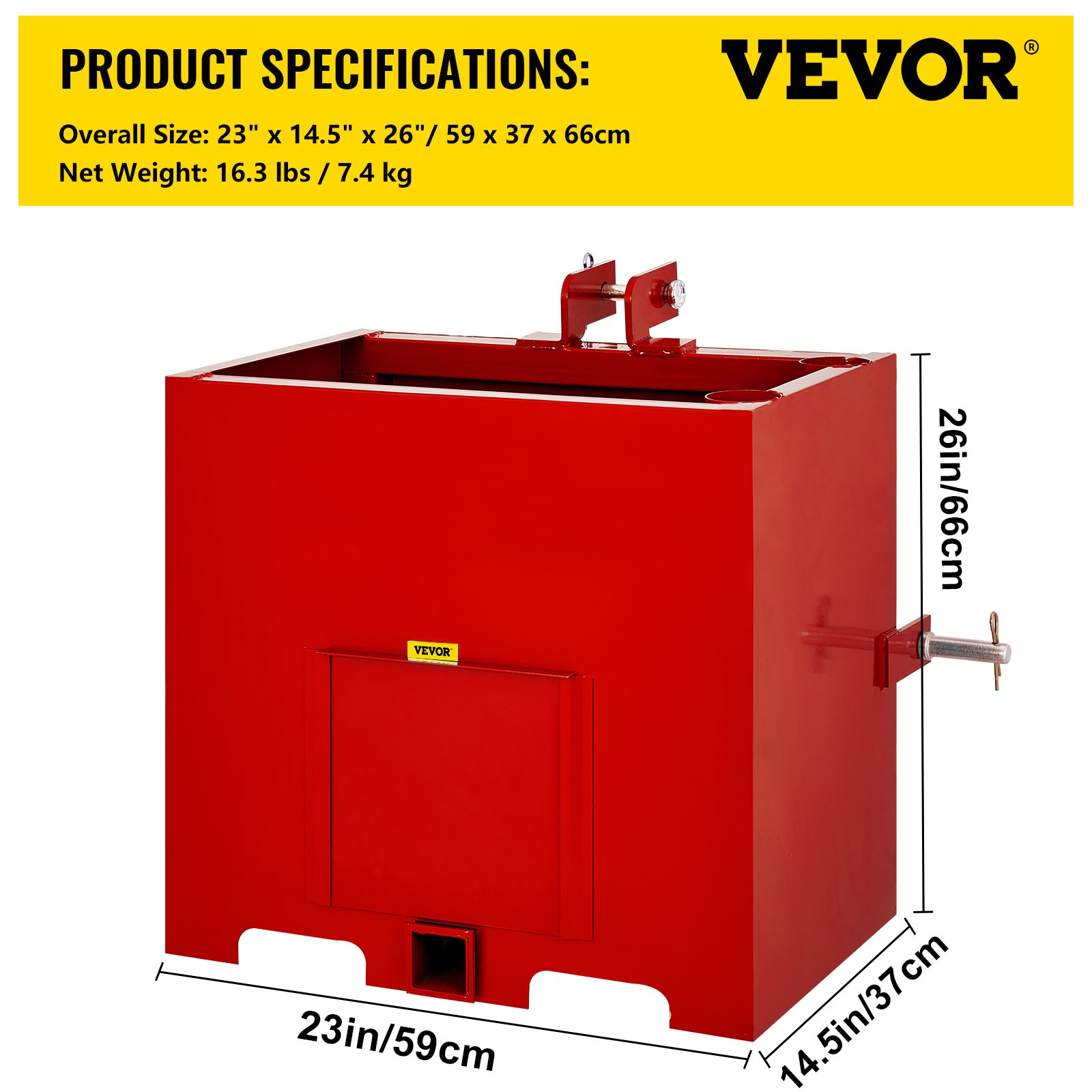 Caja de lastre de 3 puntos VEVOR roja con dimensiones y peso del producto en etiqueta amarilla.
