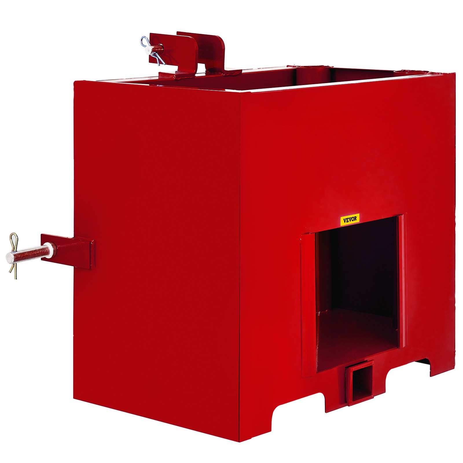 Caja de lastre roja VEVOR de 3 puntos para tractores con puntos de enganche y compartimento de almacenamiento.
