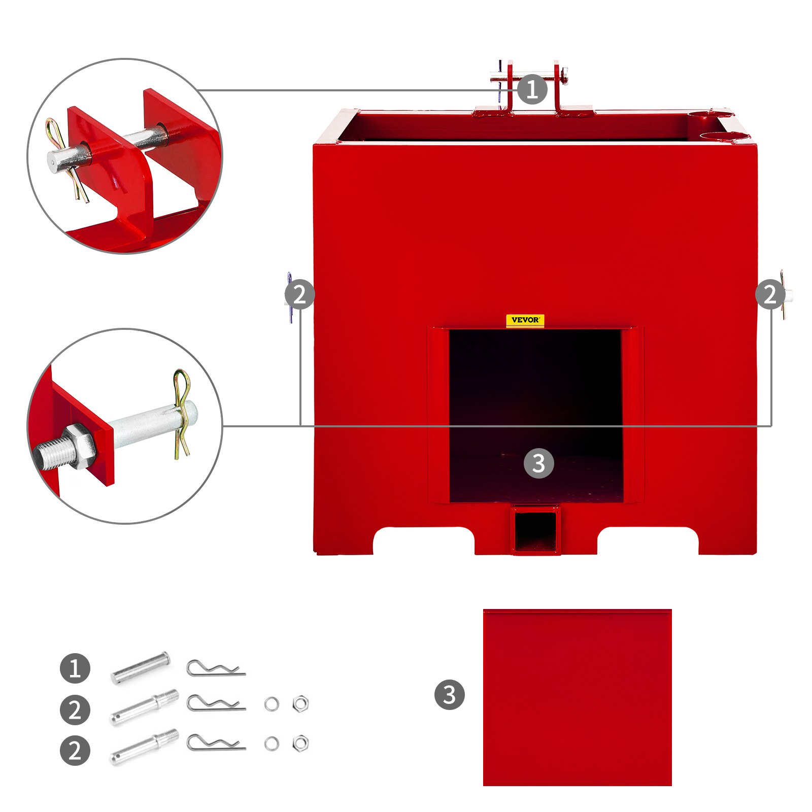 Caja de lastre de 3 puntos VEVOR roja con detalles de fijación y componentes de hardware.