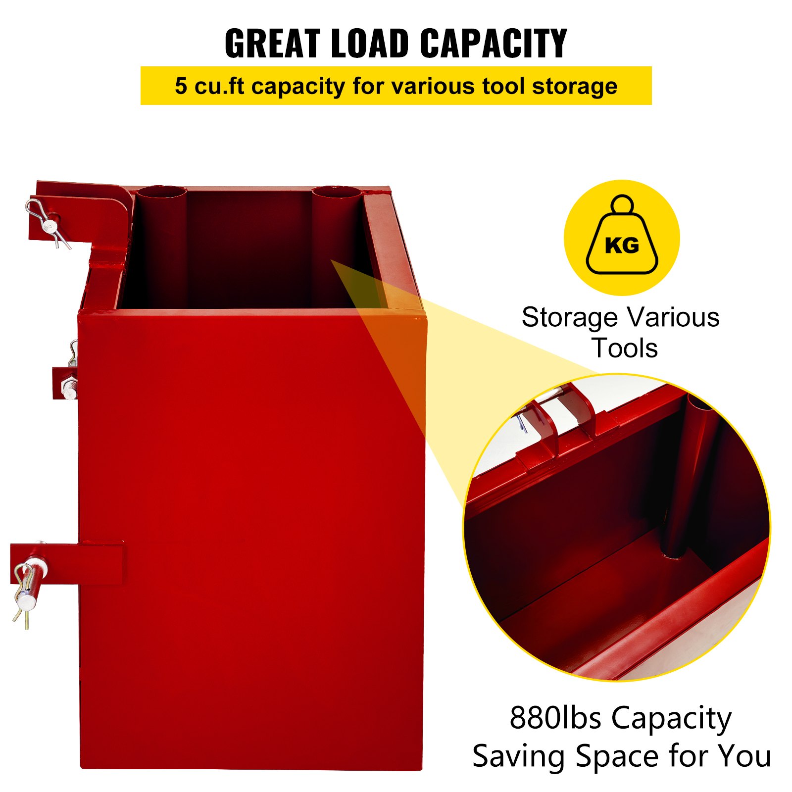 Caja de lastre de 3 puntos VEVOR, capacidad de 800 lb, receptor de enganche estándar de 2 pulgadas, caja de lastre para tractor con volumen de 5 pies cúbicos, acero resistente, compatible con accesorios de tractor de categoría 1, color rojo