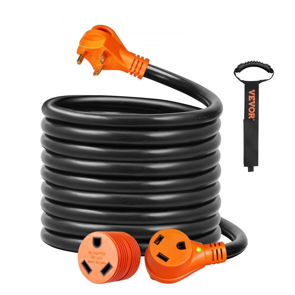 VEVOR Cable de extensión para RV de 25 pies, 30 A, cable de alimentación STW RV resistente, enchufe macho NEMA TT-30R hembra NEMA TT-30P, con mango indicador LED, adaptador de 15 A, para vehículos recreativos, tranvías, generadores, caravanas, certificación ETL