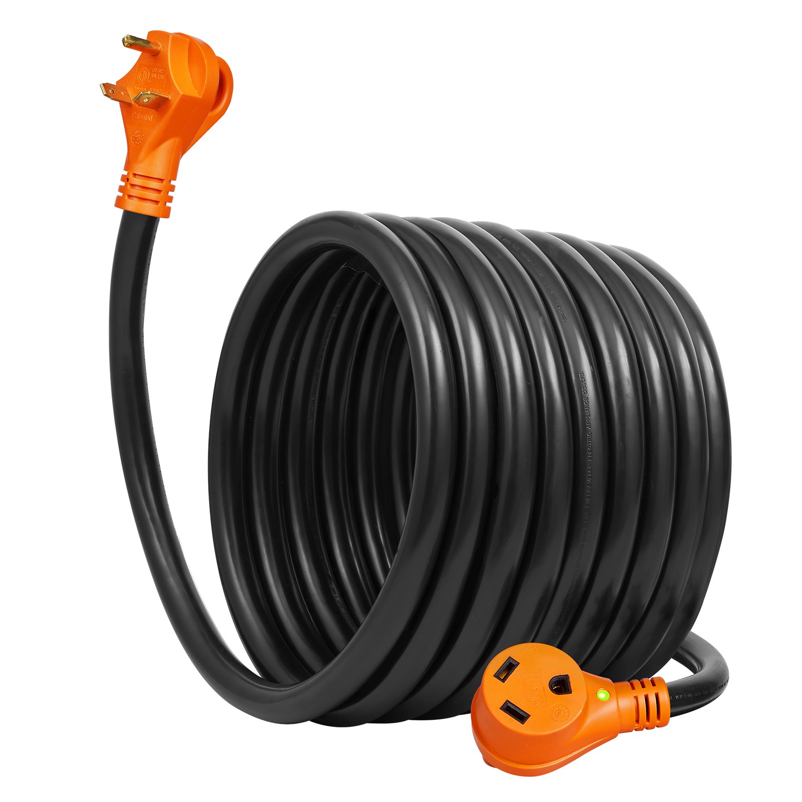 VEVOR Cable de extensión para RV de 25 pies, 30 A, cable de alimentación STW RV resistente, enchufe macho NEMA TT-30R hembra NEMA TT-30P, con mango indicador LED, adaptador de 15 A, para vehículos recreativos, tranvías, generadores, caravanas, certificación ETL