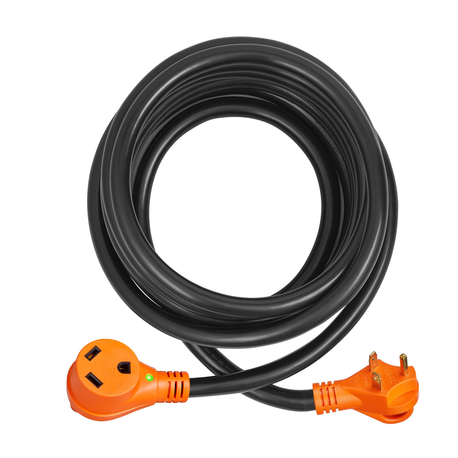 VEVOR Cable de extensión para RV de 25 pies, 30 A, cable de alimentación STW RV resistente, enchufe macho NEMA TT-30R hembra NEMA TT-30P, con mango indicador LED, adaptador de 15 A, para vehículos recreativos, tranvías, generadores, caravanas, certificación ETL