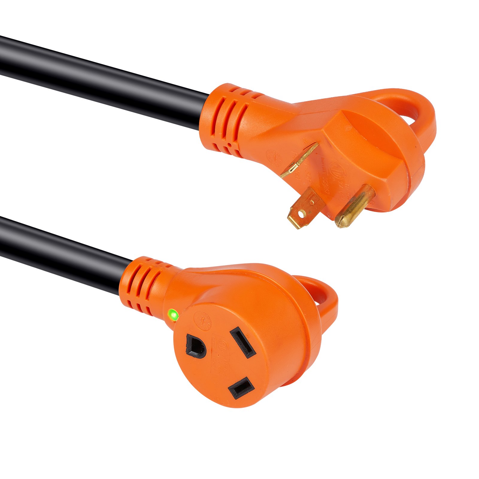 VEVOR Cable de extensión para RV de 25 pies, 30 A, cable de alimentación STW RV resistente, enchufe macho NEMA TT-30R hembra NEMA TT-30P, con mango indicador LED, adaptador de 15 A, para vehículos recreativos, tranvías, generadores, caravanas, certificación ETL
