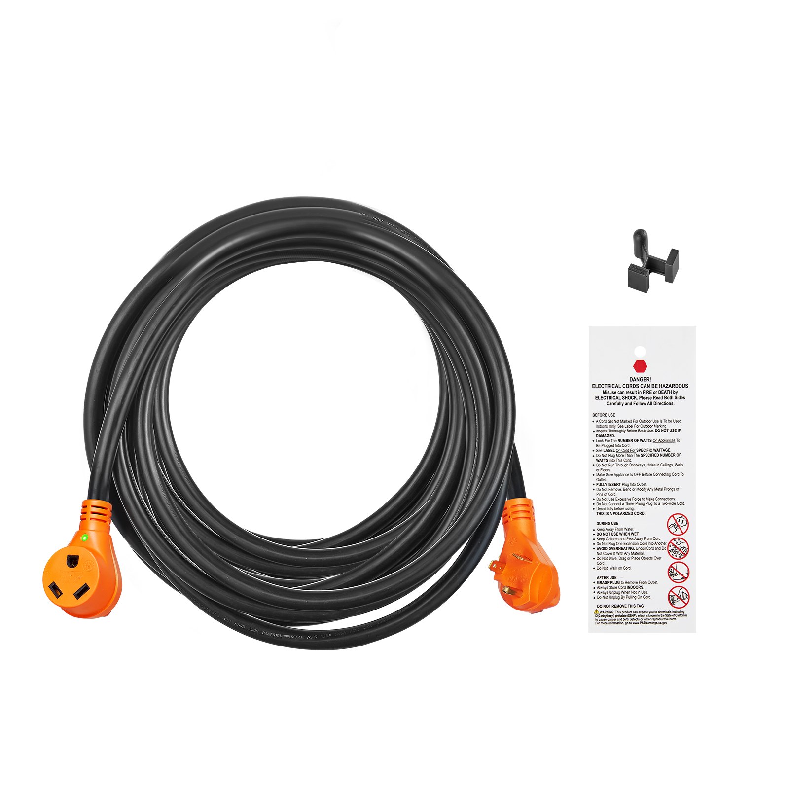 VEVOR Cable de extensión para RV de 25 pies, 30 A, cable de alimentación STW RV resistente, enchufe macho NEMA TT-30R hembra NEMA TT-30P, con mango indicador LED, adaptador de 15 A, para vehículos recreativos, tranvías, generadores, caravanas, certificación ETL
