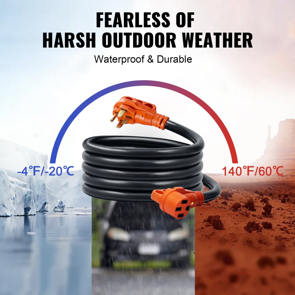 Cable de extensión VEVOR RV resistente al agua y duradero para condiciones climáticas exteriores adversas, rango de temperatura de -4 ° F a 140 ° F.