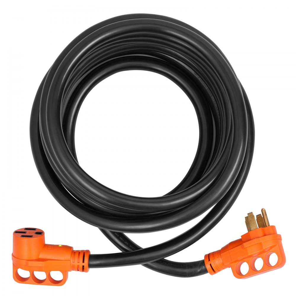 Cable de extensión VEVOR rv, 30 amperios, cable negro con conectores naranjas enrollados en forma circular.