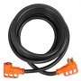 Cable de extensión VEVOR rv, 30 amperios, cable negro con conectores naranjas enrollados en forma circular.