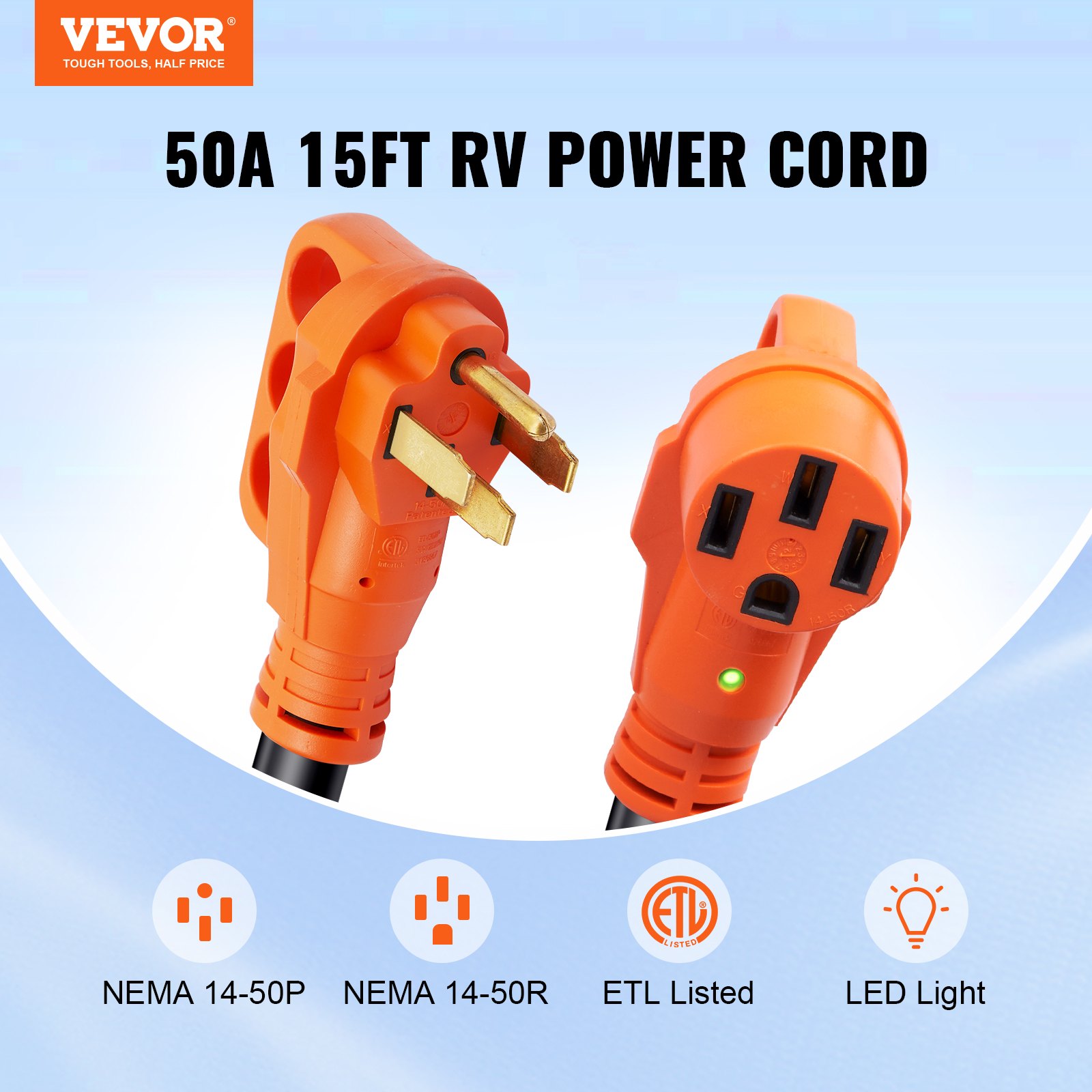 Cable de extensión VEVOR RV, 50 A, 15 pies, NEMA 14-50P, NEMA 14-50R, listado ETL, naranja, luz LED.