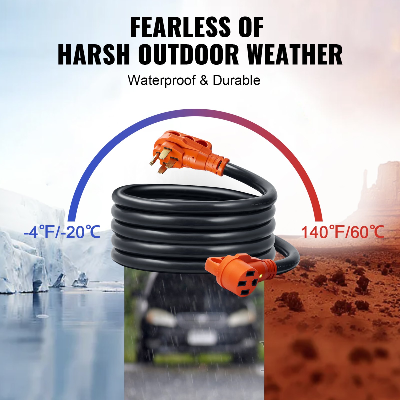 Cable de extensión VEVOR RV resistente al agua y duradero para condiciones climáticas exteriores adversas, rango de temperatura de -4 ° F a 140 ° F.