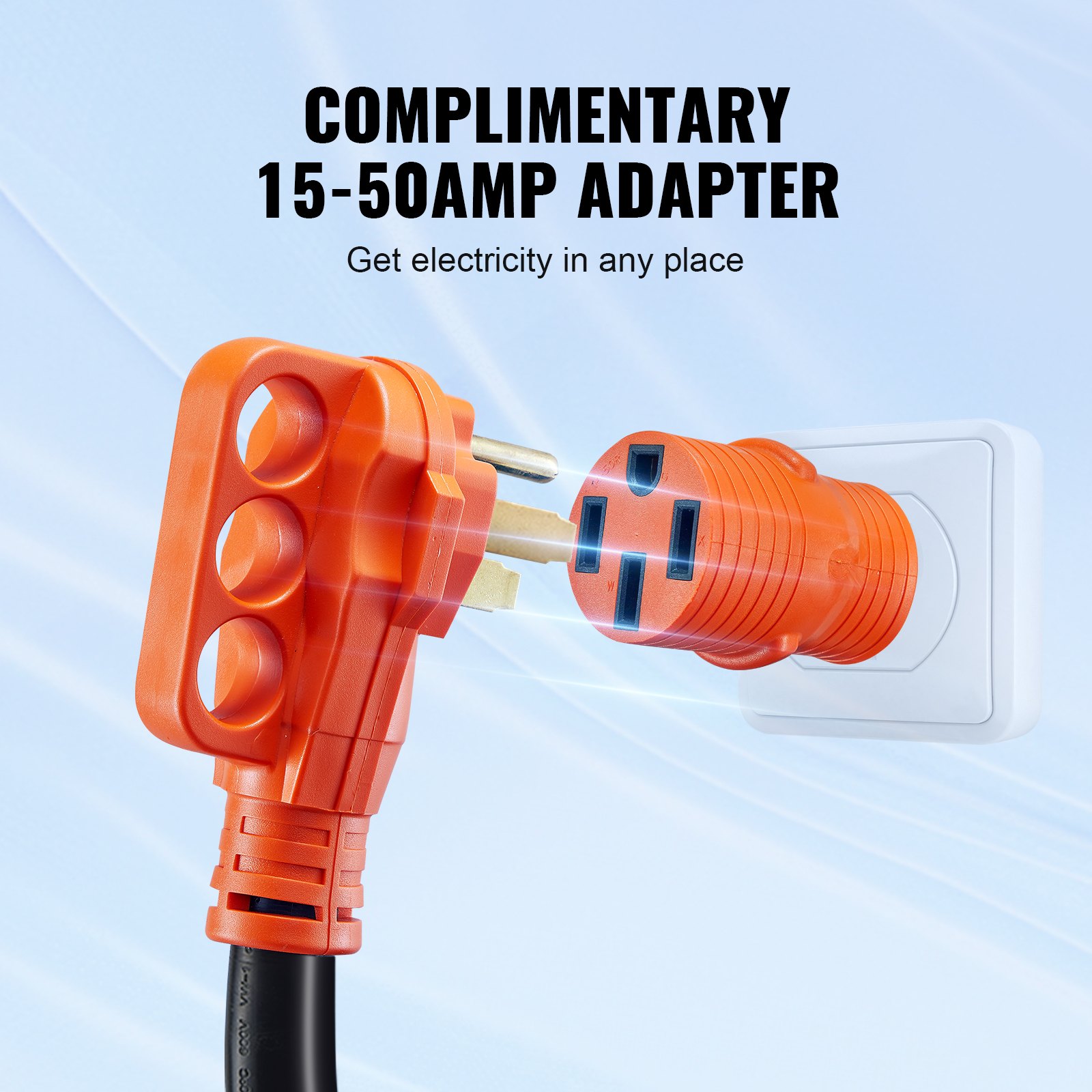 Cable de extensión para RV VEVOR naranja con adaptador complementario de 15-50 amperios enchufado a la toma de pared.