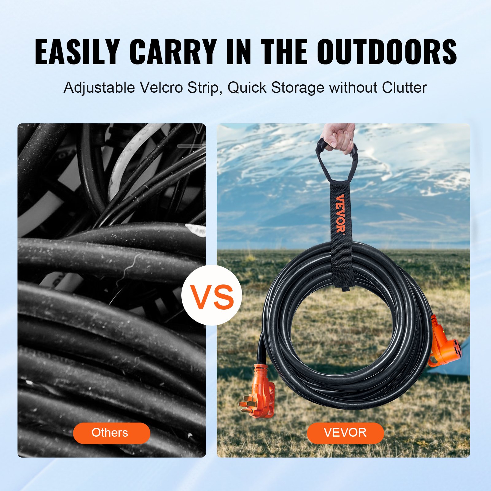 Cable de extensión VEVOR RV fácil de transportar y almacenar con tira de velcro ajustable; uso en exteriores sin desorden.