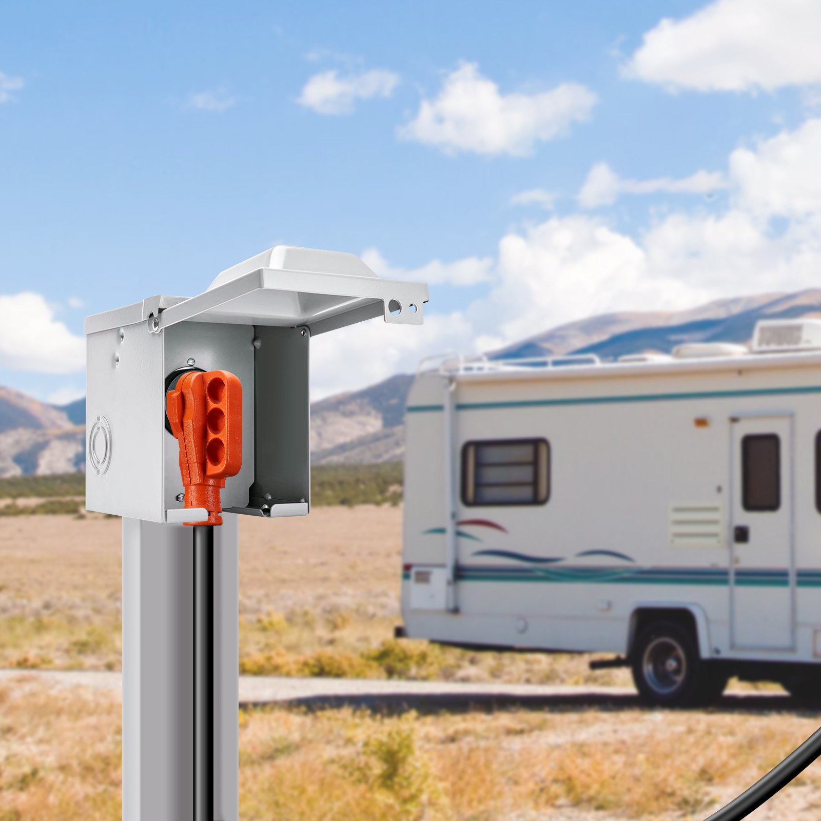 Caja eléctrica exterior con un enchufe naranja y un cable de extensión para vehículos recreativos VEVOR junto a un vehículo recreativo estacionado en un área pintoresca.