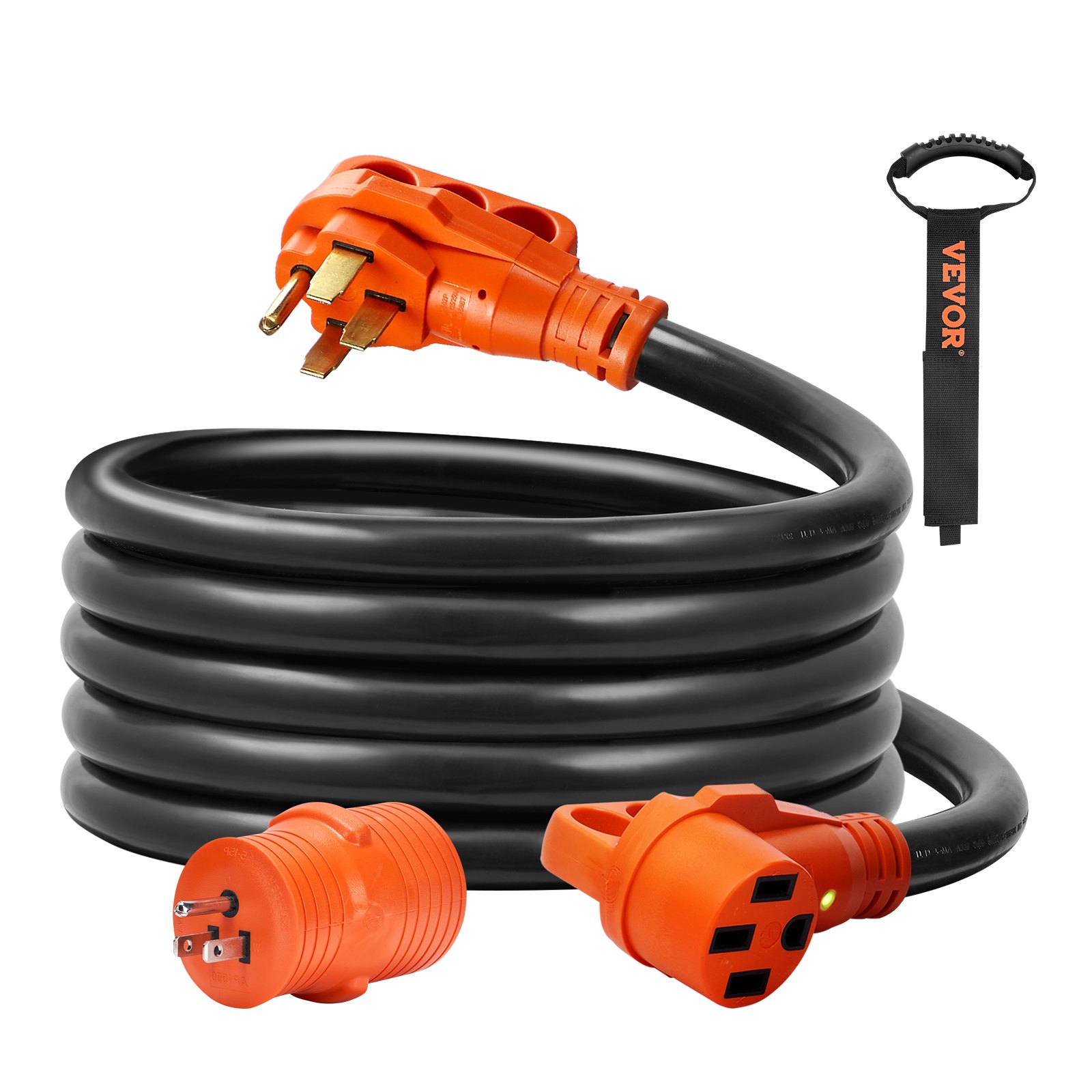 Cable de extensión para vehículos recreativos VEVOR, cable negro resistente con enchufes naranjas y correa de velcro.