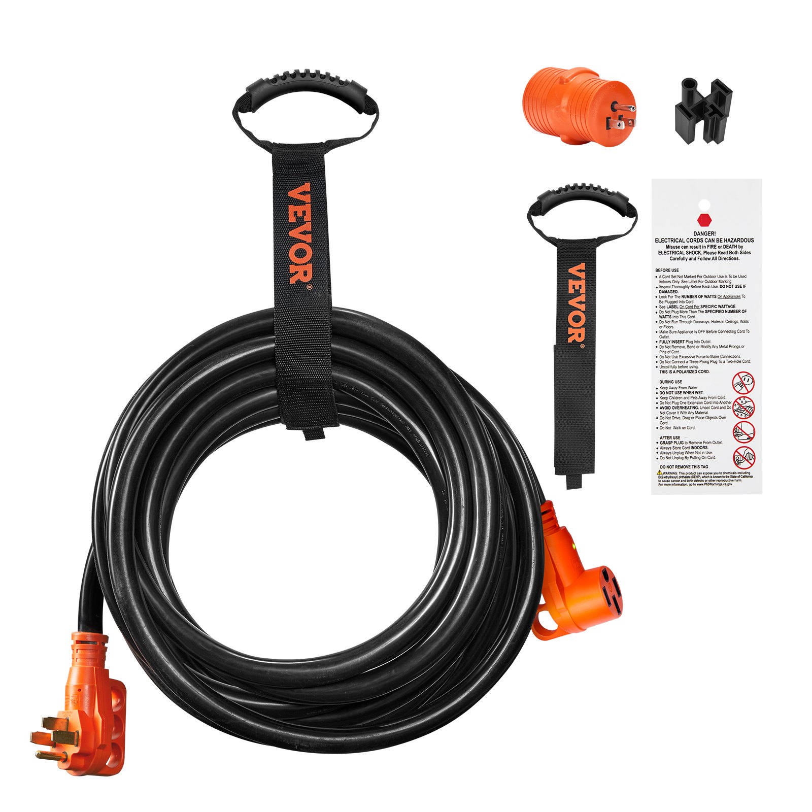 Cable de extensión para RV VEVOR negro con conectores naranjas, asa de transporte y manual de instrucciones.