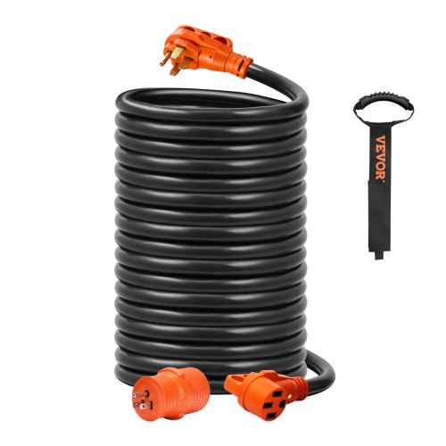 VEVOR Cable de extensión para RV de 50 pies, 50 A, cable de alimentación STW RV resistente, NEMA 14-50R hembra NEMA 14-50P macho, con mango indicador LED adaptador de 15 A, para RV, tranvías, generado