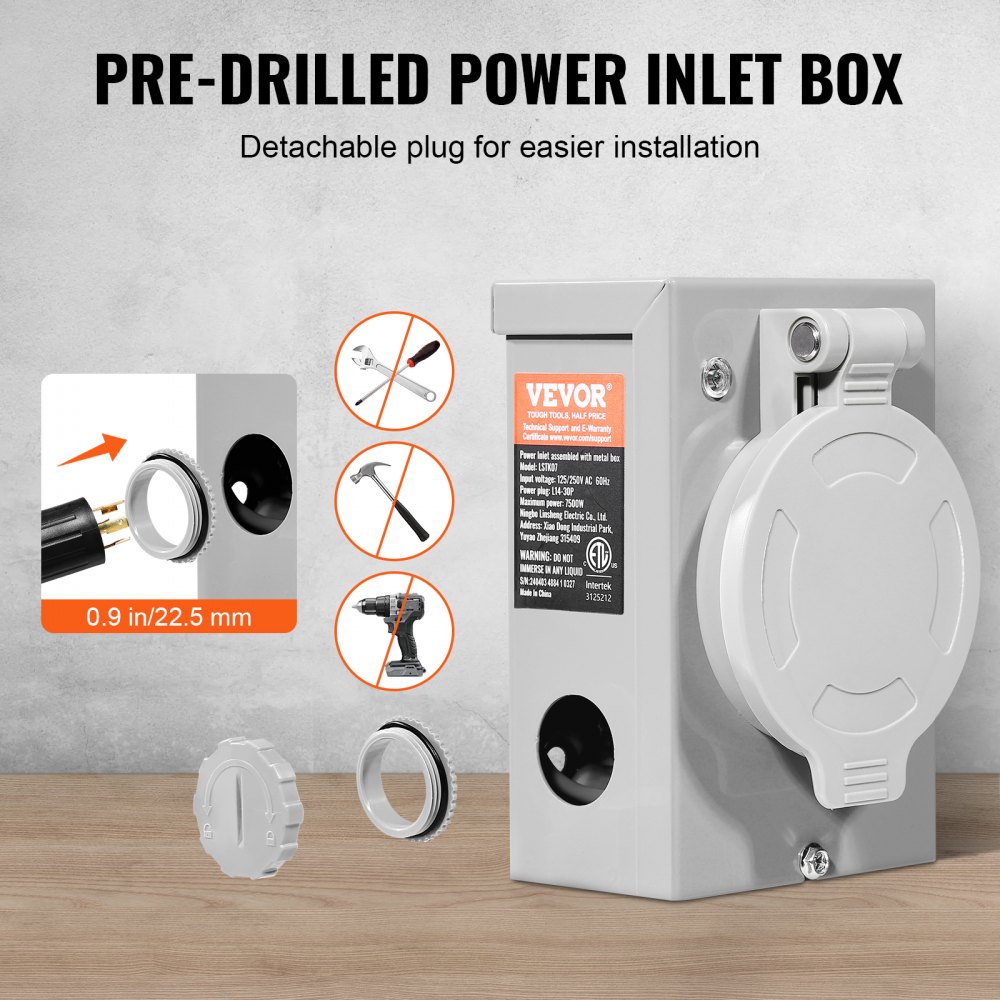 Kit de cable de generador VEVOR de 30 A y caja de entrada de energía, 7,6 m, cable de extensión de generador NEMA L14-30P/L14-30R STW de 10 AWG con conector de bloqueo giratorio, caja de entrada pretaladrada para exteriores de RV, homologado por ETL