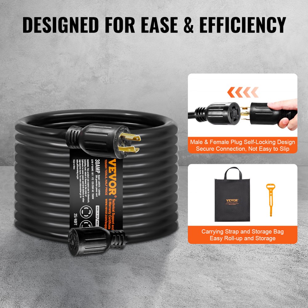 Kit de cable de generador VEVOR de 30 A y caja de entrada de energía, 7,6 m, cable de extensión de generador NEMA L14-30P/L14-30R STW de 10 AWG con conector de bloqueo giratorio, caja de entrada pretaladrada para exteriores de RV, homologado por ETL