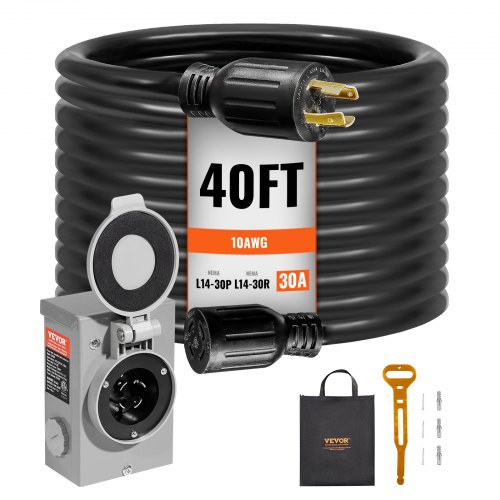 Kit de cable de alimentación y caja de entrada para generador VEVOR de 30 amperios, 40 pies, NEMA L14-30P/L14-30R STW, cable de extensión de alimentación para generador de 10 AWG con conector de bloqueo giratorio, caja de entrada preperforada para vehículos recreativos y exteriores, certificado ETL.