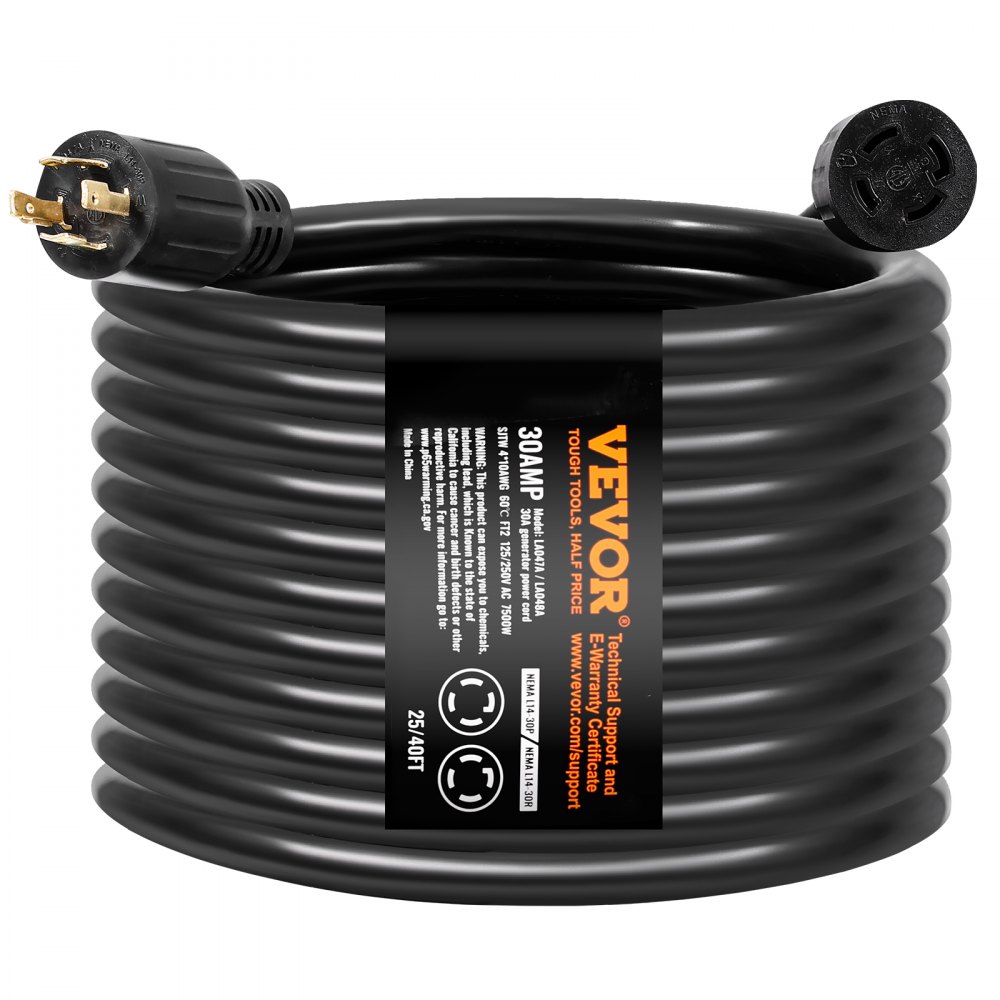 Kit de cable de alimentación y caja de entrada para generador VEVOR de 30 amperios, 40 pies, NEMA L14-30P/L14-30R STW, cable de extensión de alimentación para generador de 10 AWG con conector de bloqueo giratorio, caja de entrada preperforada para vehículos recreativos y exteriores, certificado ETL.