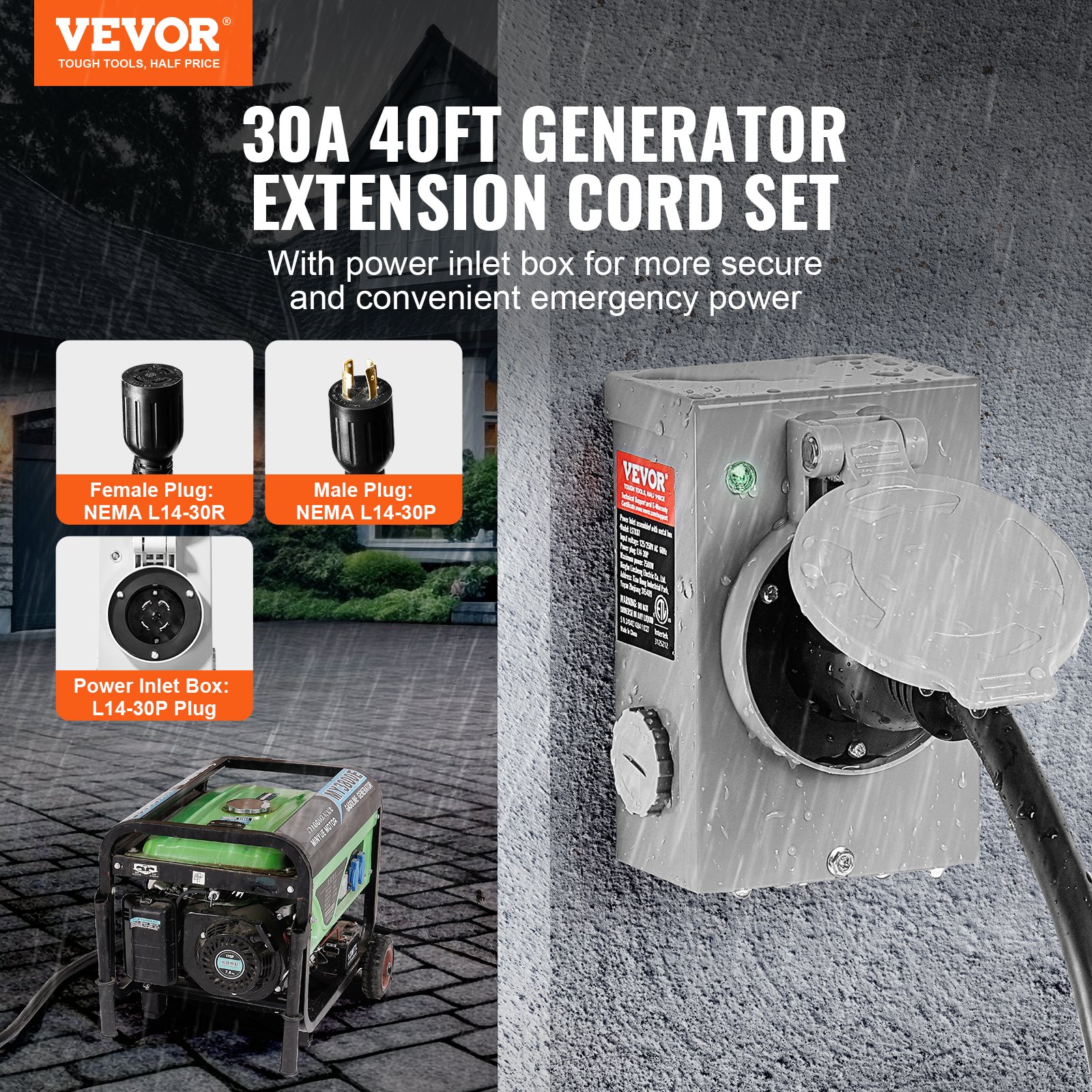 Kit de cable de alimentación y caja de entrada para generador VEVOR de 30 amperios, 40 pies, NEMA L14-30P/L14-30R STW, cable de extensión de alimentación para generador de 10 AWG con conector de bloqueo giratorio, caja de entrada preperforada para vehículos recreativos y exteriores, certificado ETL.