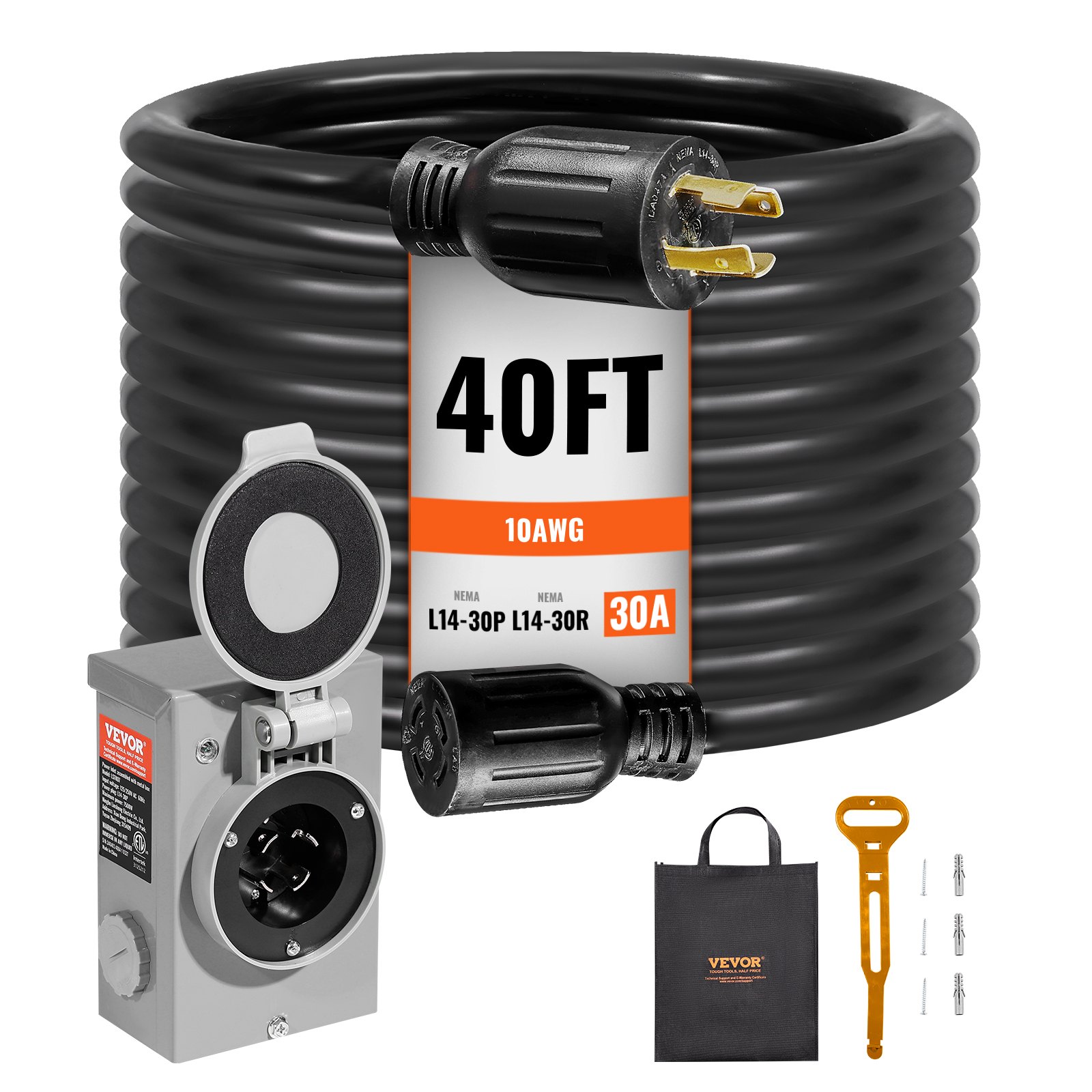 Kit de cable de alimentación y caja de entrada para generador VEVOR de 30 amperios, 40 pies, NEMA L14-30P/L14-30R STW, cable de extensión de alimentación para generador de 10 AWG con conector de bloqueo giratorio, caja de entrada preperforada para vehículos recreativos y exteriores, certificado ETL.