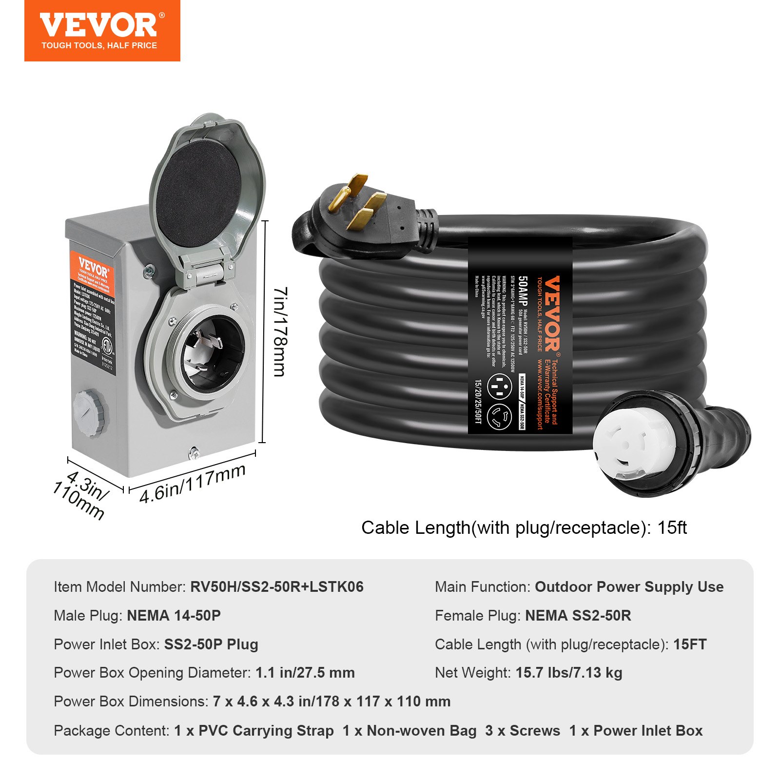 Kit de cable de generador VEVOR de 50 A y caja de entrada de energía, 4,5 m, cable de alimentación de generador NEMA 14-50P/SS2-50R STW 6/3+8/1 AWG con conector de bloqueo giratorio, caja de entrada preperforada para generador a vivienda, homologado por ETL