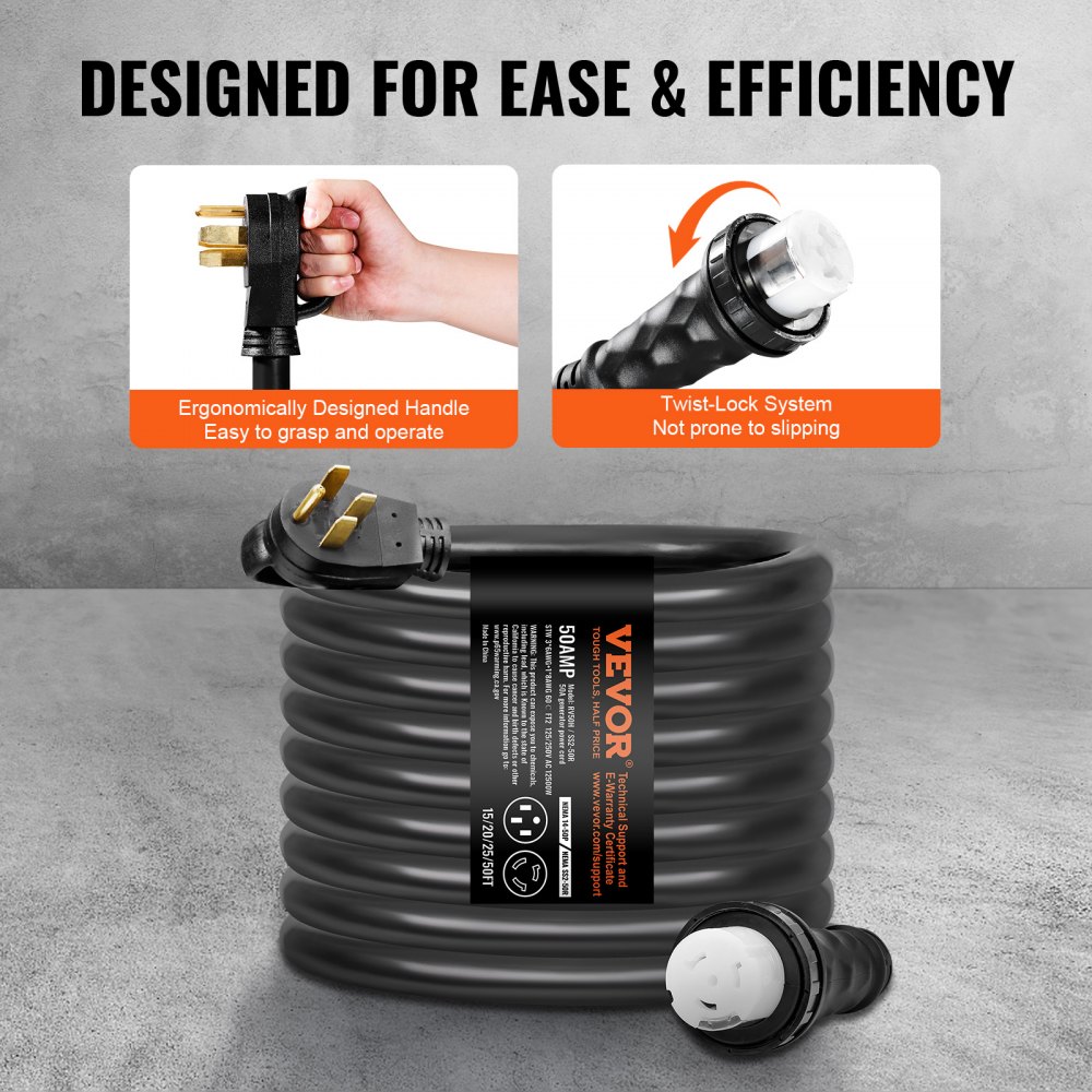 Kit de cable de generador VEVOR de 50 amperios y caja de entrada de energía, 15 m, cable de alimentación de generador NEMA 14-50P/SS2-50R STW 6/3+8/1 AWG con conector de bloqueo giratorio, caja de entrada preperforada para generador a vivienda, homologado por ETL
