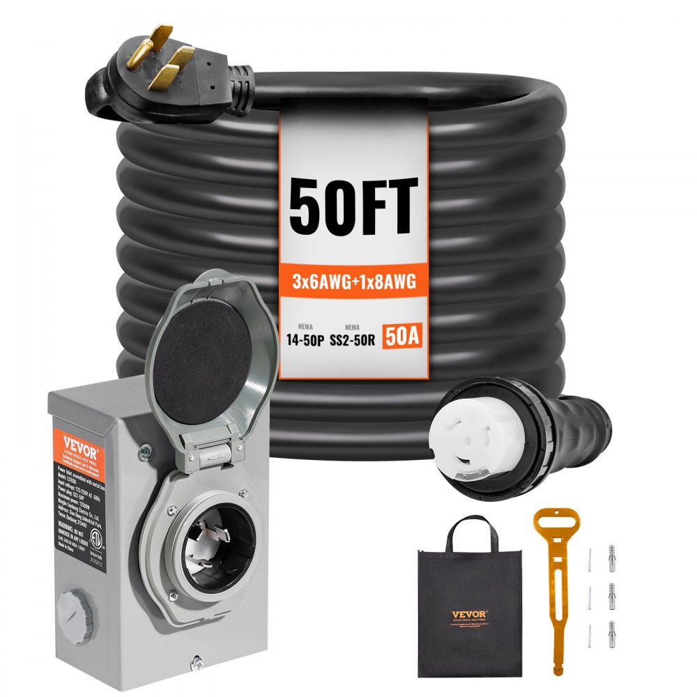 Kit de cable de generador VEVOR de 50 amperios y caja de entrada de energía, 15 m, cable de alimentación de generador NEMA 14-50P/SS2-50R STW 6/3+8/1 AWG con conector de bloqueo giratorio, caja de entrada preperforada para generador a vivienda, homologado por ETL