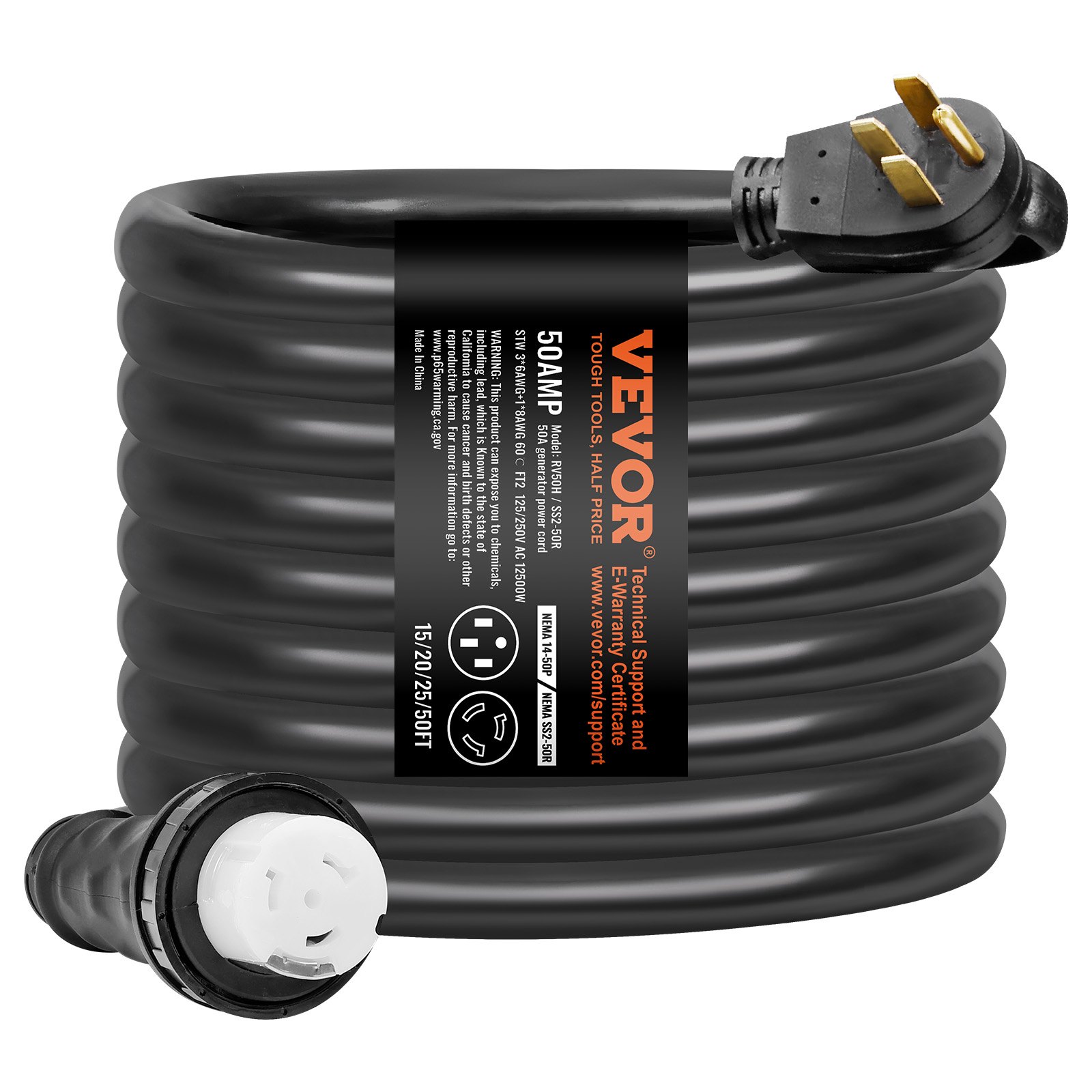 Kit de cable de generador VEVOR de 50 amperios y caja de entrada de energía, 15 m, cable de alimentación de generador NEMA 14-50P/SS2-50R STW 6/3+8/1 AWG con conector de bloqueo giratorio, caja de entrada preperforada para generador a vivienda, homologado por ETL
