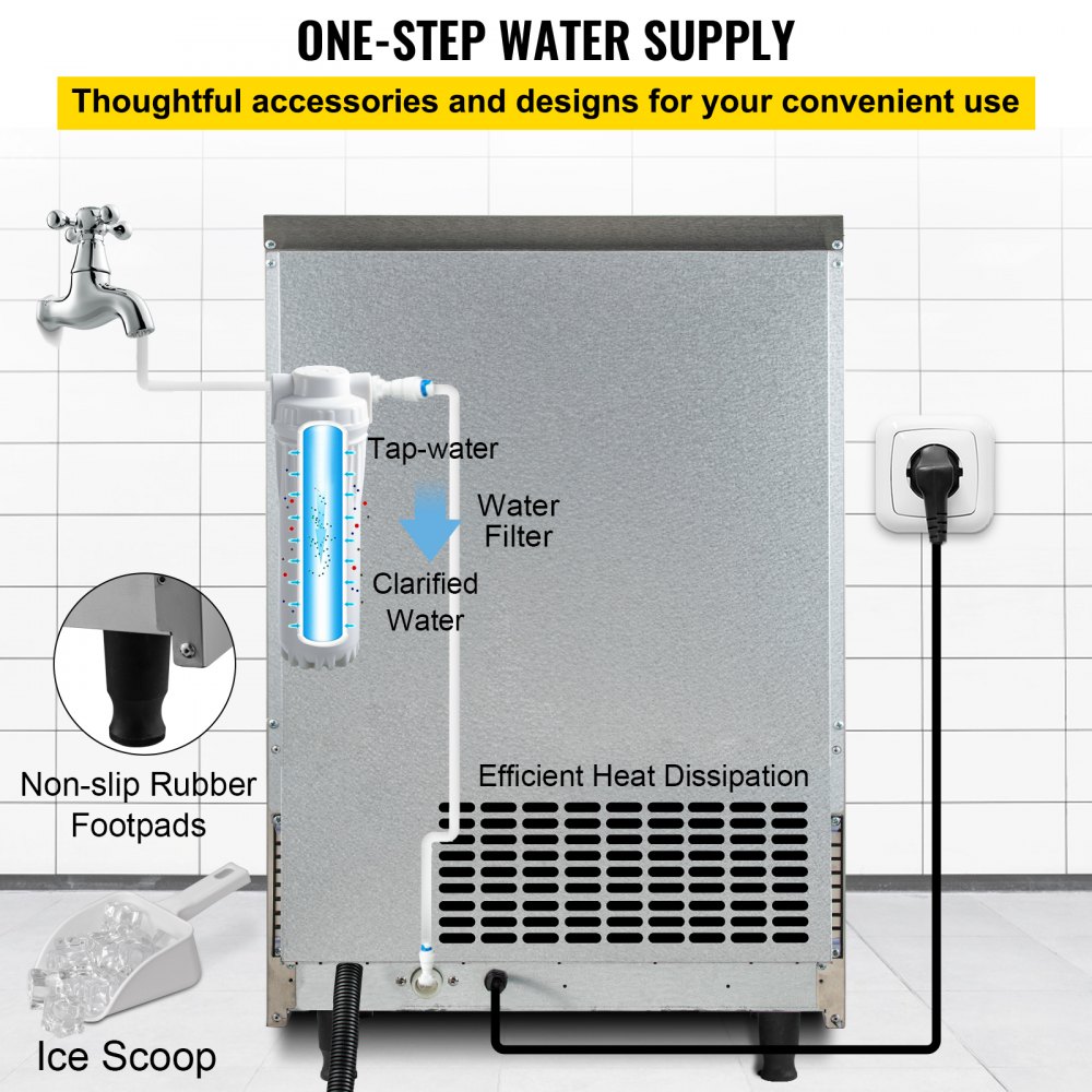 Máquina de hielo comercial VEVOR de 110 V, 265 lb/24 h, con capacidad de almacenamiento de 99 lb, de acero inoxidable, 90 cubitos de hielo por plato, máquina de hielo industrial, limpieza automática para bares, hogares, supermercados