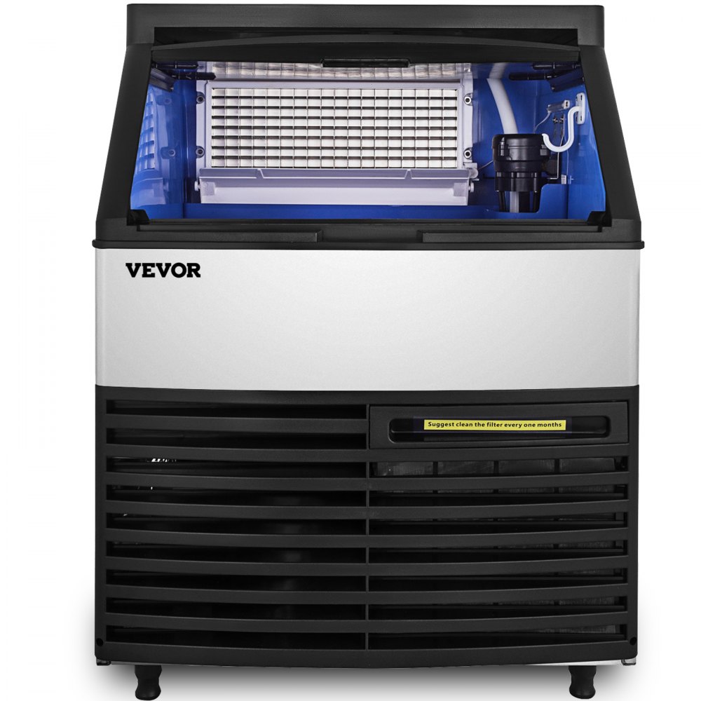 Máquina de hielo comercial VEVOR de 110 V, 265 lb/24 h, con capacidad de almacenamiento de 99 lb, de acero inoxidable, 90 cubitos de hielo por plato, máquina de hielo industrial, limpieza automática para bares, hogares, supermercados