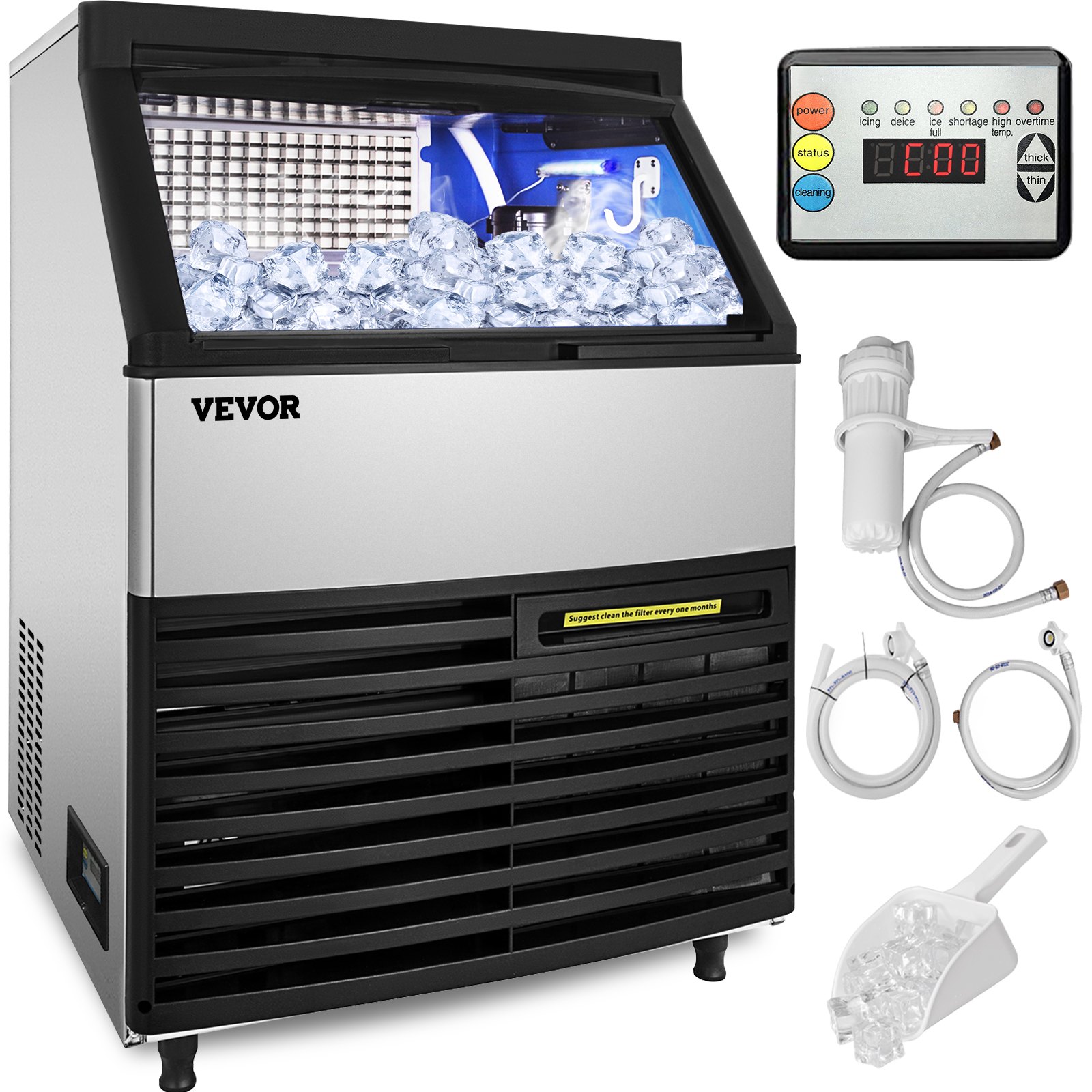 Máquina de hielo comercial VEVOR de 110 V, 265 lb/24 h, con capacidad de almacenamiento de 99 lb, de acero inoxidable, 90 cubitos de hielo por plato, máquina de hielo industrial, limpieza automática para bares, hogares, supermercados