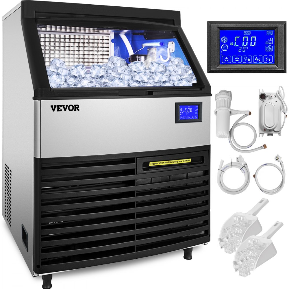 Máquina de hielo comercial VEVOR con hielo, pantalla digital, filtro de agua y accesorios.