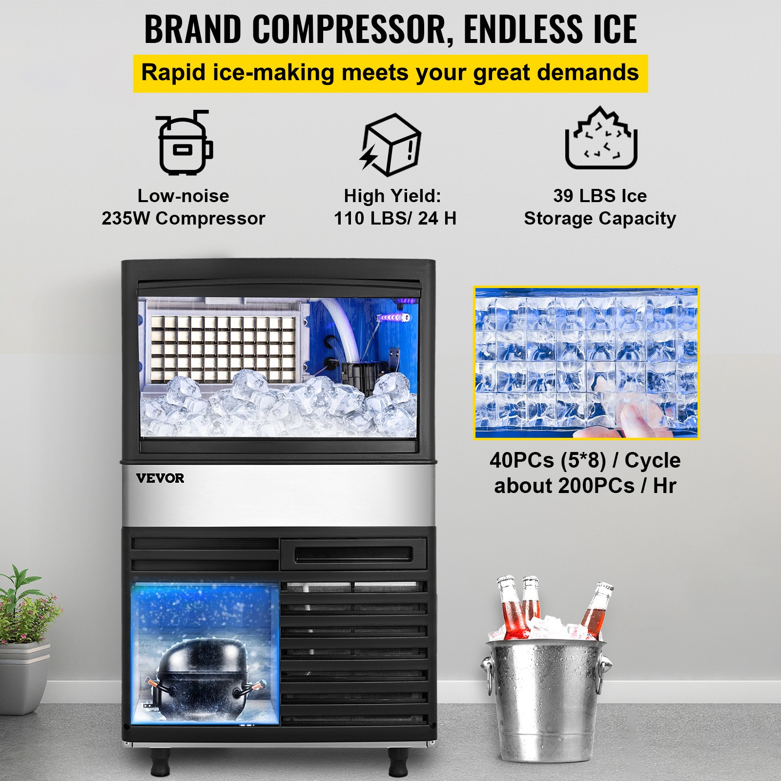 Máquina de hielo comercial VEVOR con compresor de bajo ruido de 235 W y capacidad de almacenamiento de 39 lb.
