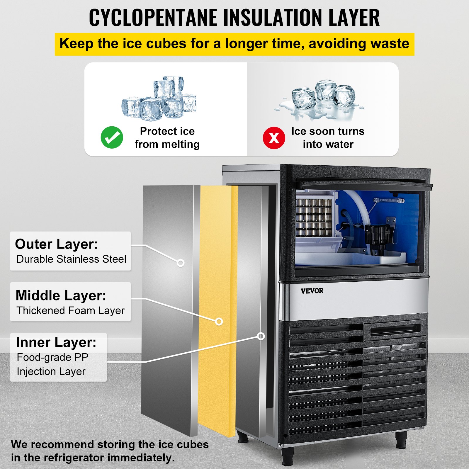 Máquina de hielo comercial VEVOR con aislamiento de ciclopentano y protección multicapa.