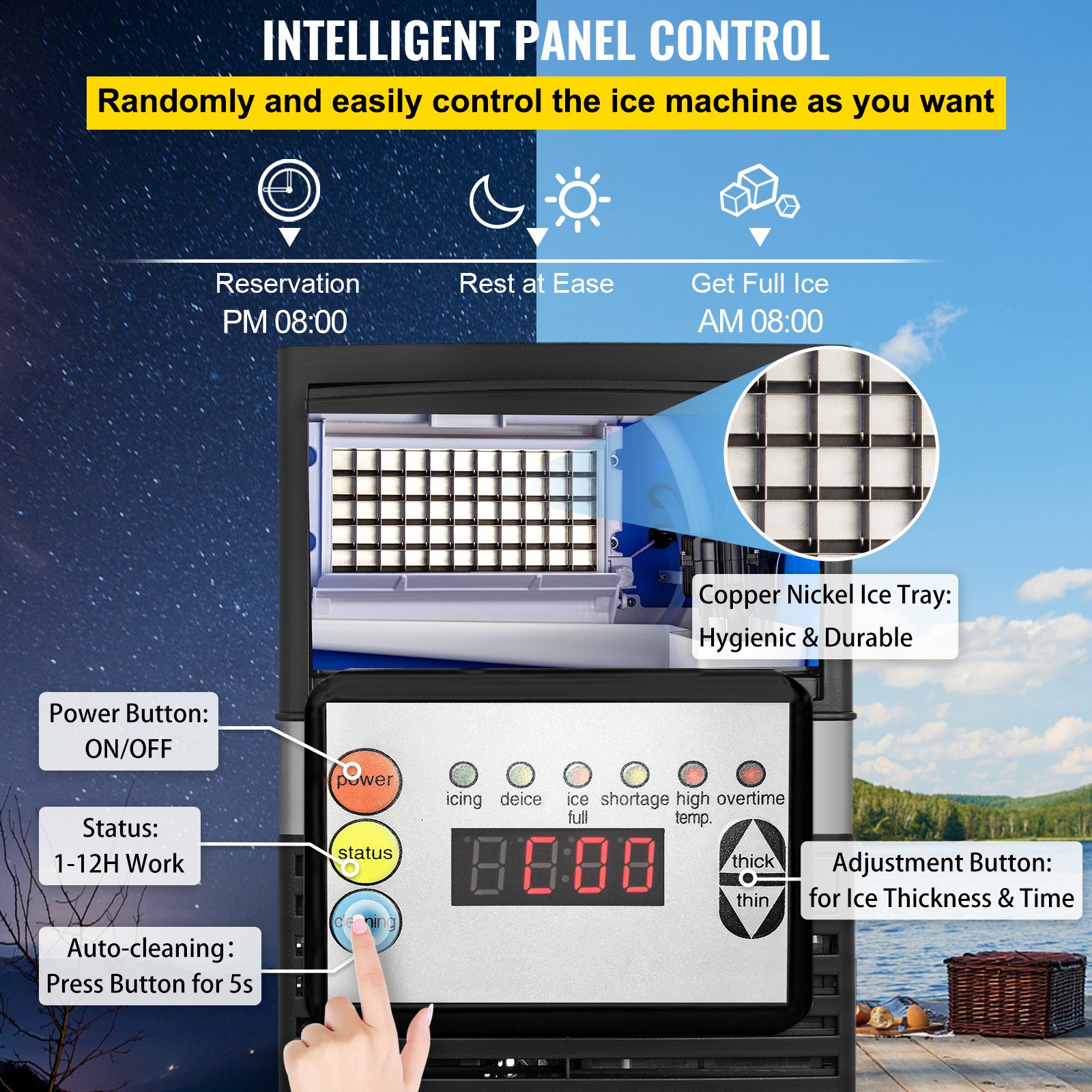 Máquina de hielo comercial VEVOR con panel de control inteligente y bandeja de hielo higiénica de cobre y níquel