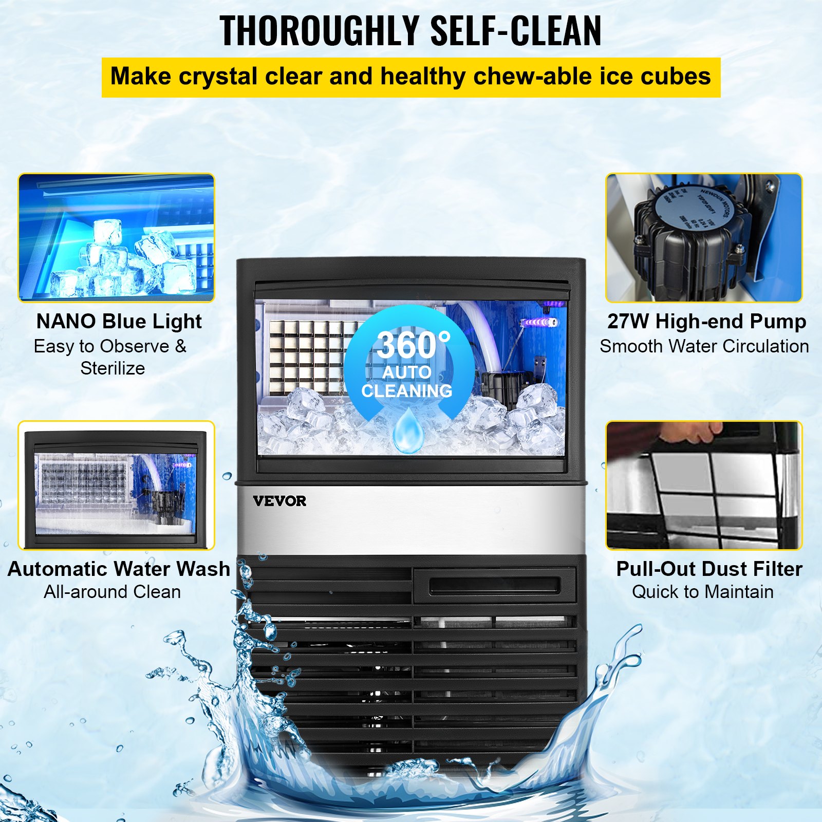 Máquina de hielo comercial VEVOR con autolimpieza, bomba de alta gama y lavado automático con agua.