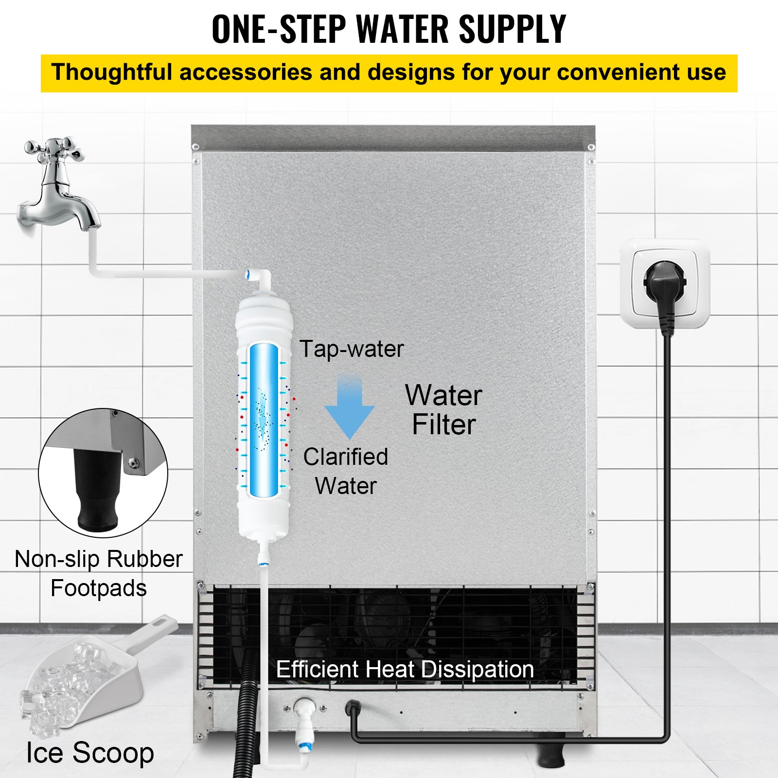 Máquina de hielo comercial VEVOR con filtro de agua, almohadillas de goma antideslizantes y pala para hielo.